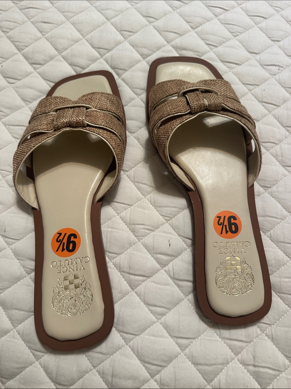 Vince Camuto Beige and White Woven Slide Mules